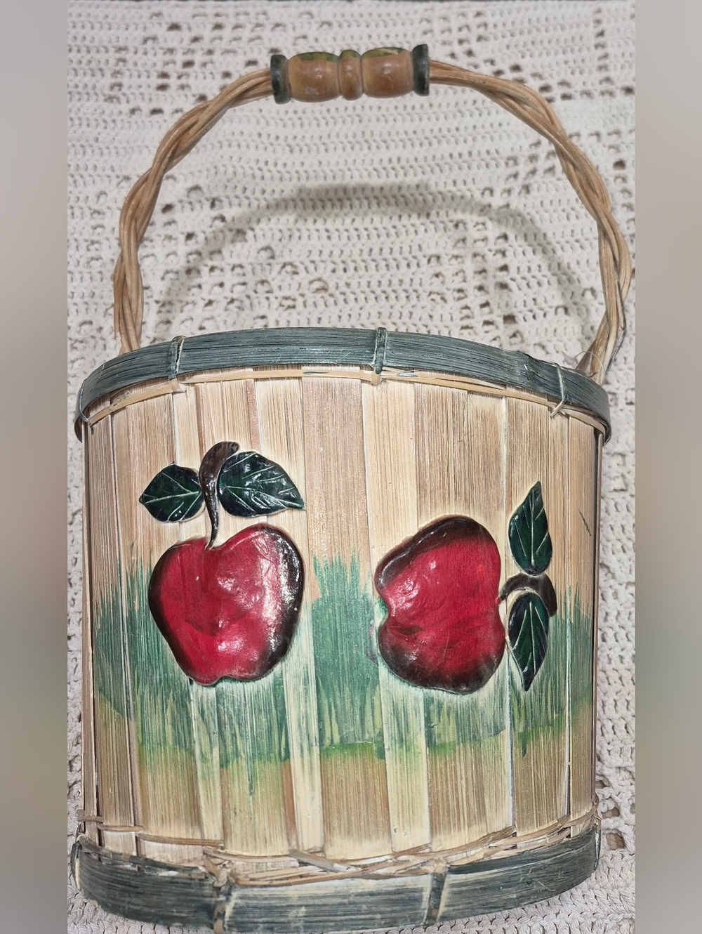 Vintage Wicker Basket featuring a hand-painted red apple motif and green accents